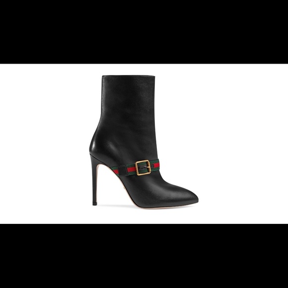 Gucci black SYLVIE web stripe leather ankle boots. - Picture 1 of 8